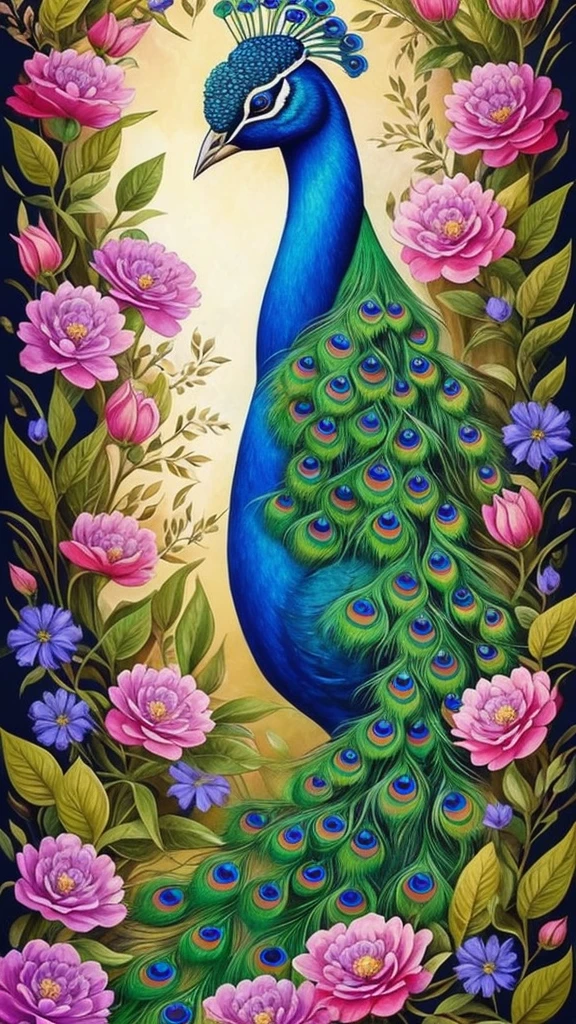 a painting of a peacock with flowers and leaves on it, a detailed painting by Nene Thomas, trending on cgsociety, fantasy art, peacock. intricate, beautiful detail and color, beautiful gorgeous digital art, beautiful illustration, beautiful and graceful, gorgeous digital art, full of colors and rich detail, beautiful!!! digital art, peacock