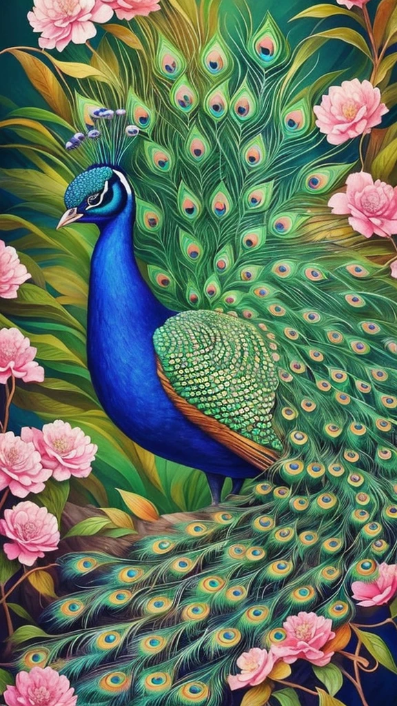 a painting of a peacock with flowers and leaves on it, a detailed painting by Nene Thomas, trending on cgsociety, fantasy art, peacock. intricate, beautiful detail and color, beautiful gorgeous digital art, beautiful illustration, beautiful and graceful, gorgeous digital art, full of colors and rich detail, beautiful!!! digital art, peacock