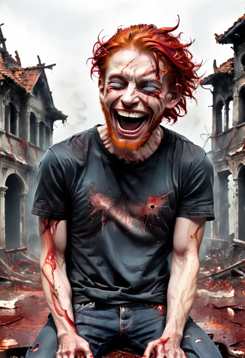 a man with red hair. He wears a black t-shirt, blue jeans and white sneakers. He leans back slightly, laughing aloud. His arms are out. His eyes are scary. His skin is very pale and he has black veins running through his arms. He has red blood on his hands and on all his clothes. You can see him in profile. Around him are burning ruins and buildings. [Man] [Bad] [Red Blood] [Laugh] [Scary]