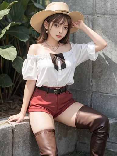atelierryza,red shorts,short hair,white hat,black bow,necklace,thigh boots,brown boots,strapless shirt,white shirt,brown belt,large calf,