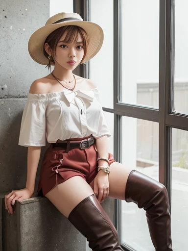 atelierryza,red shorts,short hair,white hat,black bow,necklace,thigh boots,brown boots,strapless shirt,white shirt,brown belt,large calf,
