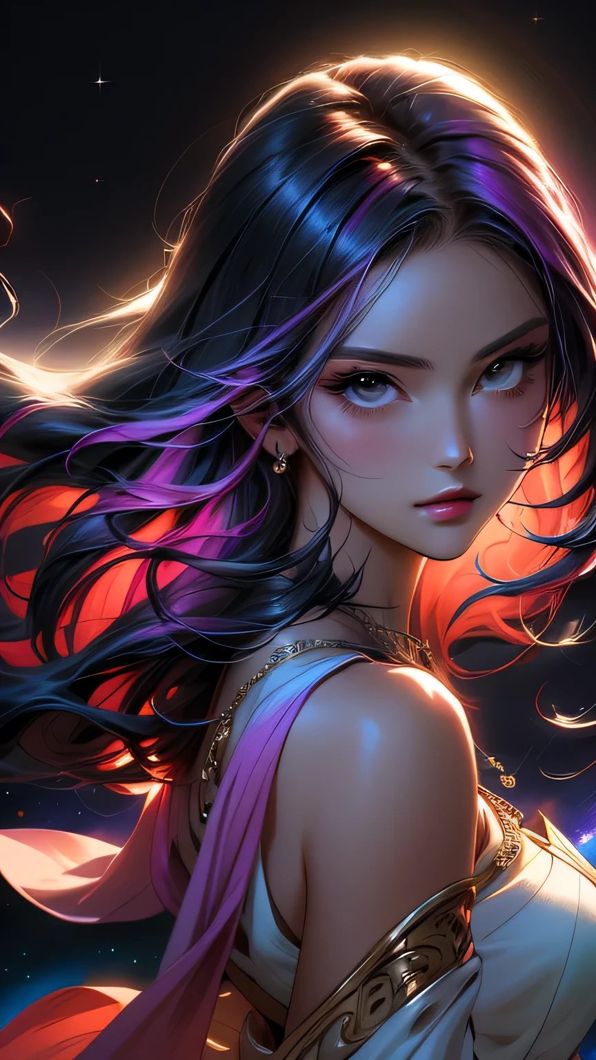Close-up of a woman with colorful hair and necklace, Anime girl with space-like hair, The gentle vitality of rose roses, Gubes-style artwork, Fantasy art style, colorful], Vivid fantasy style, Ross draws vibrant cartoons, cosmic and colorful, Gwaiz, colorful digital fantasy art, Great art style, Beautiful anime style, Full body lighting, Skin Brightness, Sexy look, (Dynamic pose)､ masterpiece, 最high quality, high quality, High resolution､Upper body portrait､