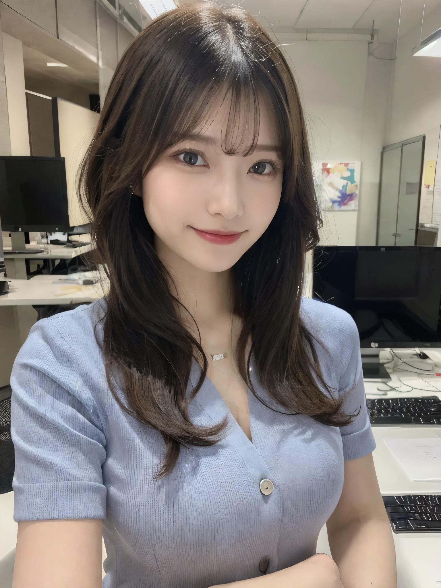 masutepiece, Best Quality, Illustration, Ultra-detailed, finely detail, hight resolution, 8K Wallpaper, Perfect dynamic composition, Beautiful detailed eyes, Business jacket,Bob Hair, mid-chest, Natural Color Lip, Random and sexy poses,Smile,20 years girl　Colossal tits、business shirt、s Office、personal computers、Composition from the front