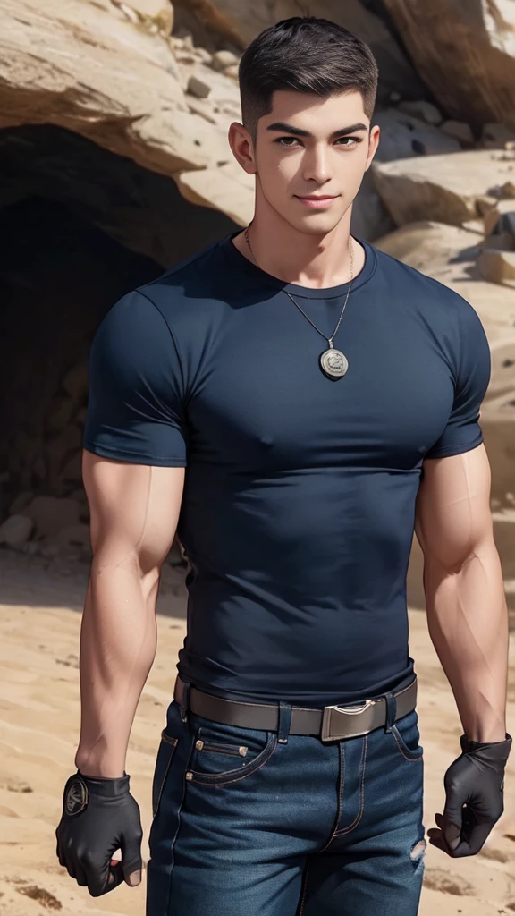 ,1 man,(crew cut short hair:1.3),black eye,(Wear a fitted round neck t-shirt in navy with a police badge.:1.3),(fit neck),Navy blue jeans,(black_gloves),Korean guy,chest muscles,large arm muscles,blood vessel,Big muscles,Broad shoulders,smile,open mouth,middle of the road,(In the desert:1.2),(full_shot:1.6),(In the cave:1.2),mole under mouth,hands_on_hips