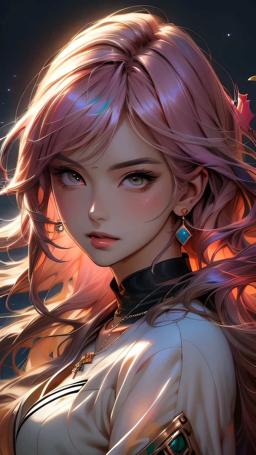 Close-up of a woman with colorful hair and necklace, Anime girl with space-like hair, The gentle vitality of rose roses, Gubes-style artwork, Fantasy art style, colorful], Vivid fantasy style, Ross draws vibrant cartoons, cosmic and colorful, Gwaiz, colorful digital fantasy art, Great art style, Beautiful anime style, Full body lighting, Skin Brightness, Sexy look, (Dynamic pose)､ masterpiece, 最high quality, high quality, High resolution､Upper body portrait､