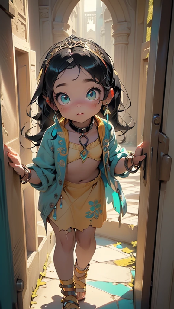 cute loli,(((little loli,tiny little body,little,chibi))),(((6 years old))),((((1 toddler:1.4))),(baby face),(round face),(little chest),(big forhead:1.2),(anime loli with extremely cute and beautiful black hair)),
((((indian girl)))),(((flat chest))),((((black hair:1.35,messy hair,colored inner hair,absurdly long unkempt hair,dark hair,black hair,very long hair,voluminous hair,Thick hair,Dense hair,long hair)))),(((turquoise_eyes:1.3))),intricate eyes,beautiful detailed eyes,symmetrical eyes,big eyes:1.5,(((lustrous skin:1.5,bright skin: 1.5,skin tanned,shiny skin,very shiny skin,shiny body,plastic glitter skin,exaggerated shiny skin,illuminated skin))),(detailed body,(detailed face)),
(cute,kawaii,(nsfw)),🦄,🌈,
navel,(((modern princess,yellow diadem,yellow fur sweater, yellow fur sweater outfit, wearing a yellow fur sweater:1.3,yellow winter sweater))), ((skirt)),(arabian clothes,with little gold clothing,((((furry edge clothing)))),(arabian jewelry,intricate necklace),(((slave collar,Long chain leash connected to her collar,shackles))),(((torn clothes:1.1,intricate outfit,intricate clothes,embroidered outfit,ornate outfit))),
(dynamic pose:1.0),embarrassed,(centered,scale to fit dimensions,Rule of thirds),
inside,indoor,((subsurface,labyrinth,dungeon,dark dungeons,stone walls, deep empty caves,ancient glowing crystals,elaborate underground structure,columnar crystal formations,subterranean fantasy,illuminated pathways leading deeper,hidden door veiled in shadows)),scenery:1.25,((intricate scenery)),
(Glossy glowing ornaments),highres,sharp focus,(ultra detailed,extremely detailed),(photorealistic artwork:1.37),(extremely detailed CG unity 8k wallpaper),(((vibrant colors,vibrant theme))),(intricate),(masterpiece),(best quality),artistic photography,(photography taken by sldr),(intricate background),perfect rendered face,perfect face details,realistic face,photo realistic,((intricate detail)),(((realism))),