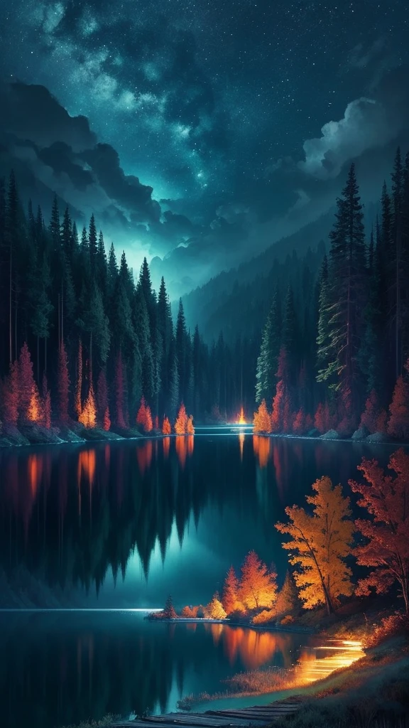 A painting of a lake at night with floating leaves, glowing reflections, Magical colors and atmosphere, Magical colors and atmosphere, many. amazing灯光, Beautiful lighting scenery, Brilliant lights along the river, Glowing water, Mystical Forest Lagoon, Wow,It's so beautiful, Green luster, glowing forest, Beautiful dark color, Beautiful painting, Autumn Night, amazing, mystical lake