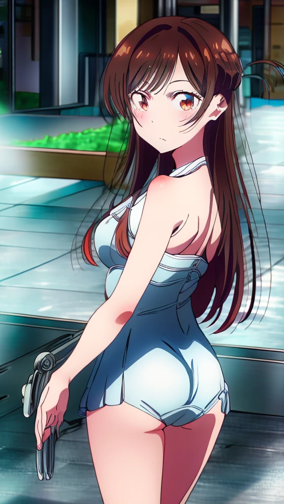 high resolution, ultra-sharp, 8k, Masterpiece, Mizuhara Chizuru , looking at the viewer, Photography from behind, thick ass, wearing white underwear, seductive smile, beautiful face, ashamed, ashamed, hands on the