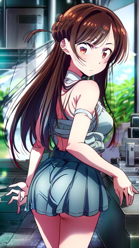 high resolution, ultra-sharp, 8k, Masterpiece, Mizuhara Chizuru , looking at the viewer, Photography from behind, thick ass, wearing white underwear, seductive smile, beautiful face, ashamed, ashamed, hands on the