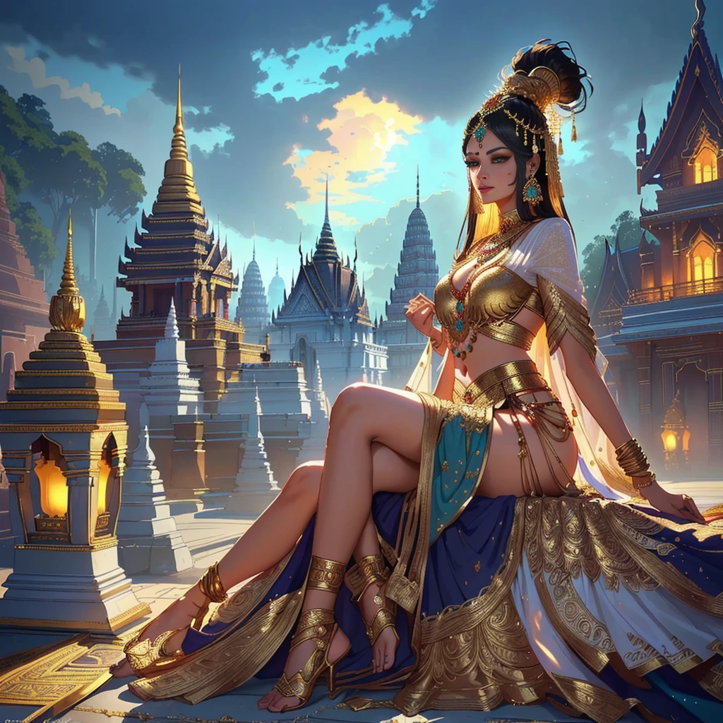 Indian woman, exquisite ancient Indian costume,Gold Jewelry,Masterpiece,Thai ancient castle background, best quality, (Very detailed CG unity 8k wallpaper.), (best quality), (best illustrations), (best shadow), nonsense, realistic light, (abyss), Beautiful glowing details, Artwork by PeterMohrBacher.,