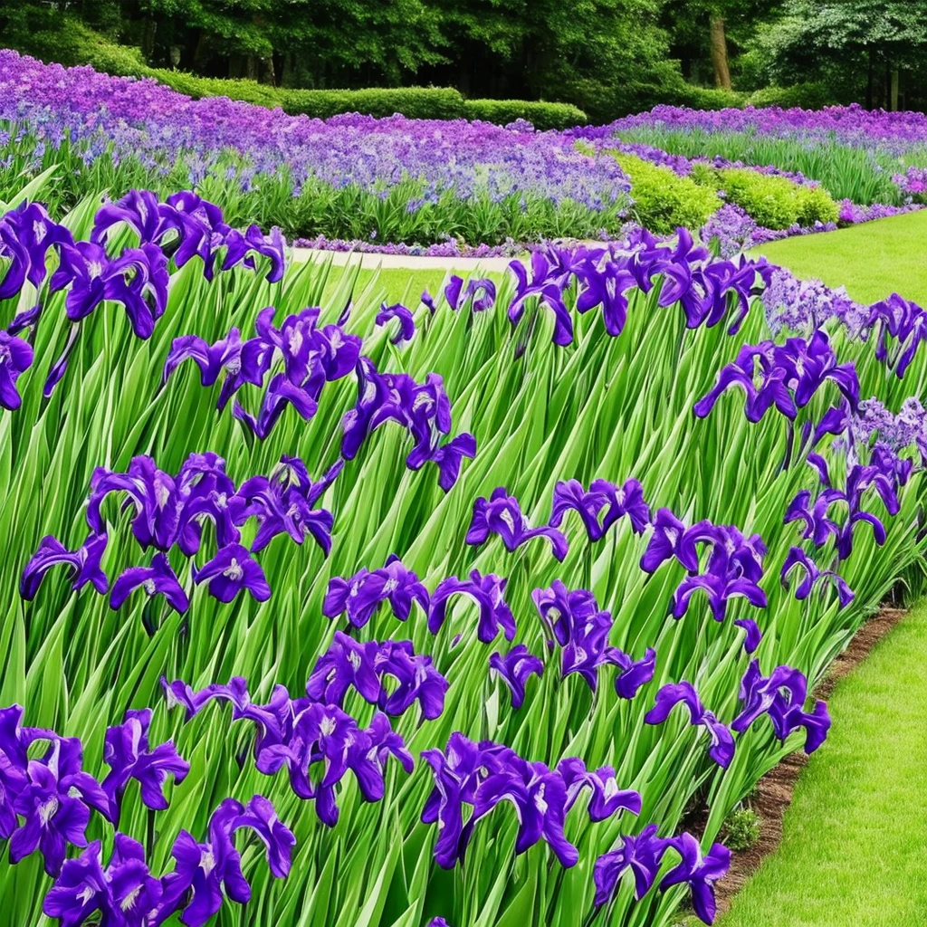 purple flowers line the edge of a garden with green grass, beautiful border, irises, encompass violet irises, soulful irises, wide irises, iris, cube shaped irises, violet and black, their irises are red, indigo blooming flowers garden, incredibly beautiful, rich contrast, focus on iris, good contrast, no irises, purple and black