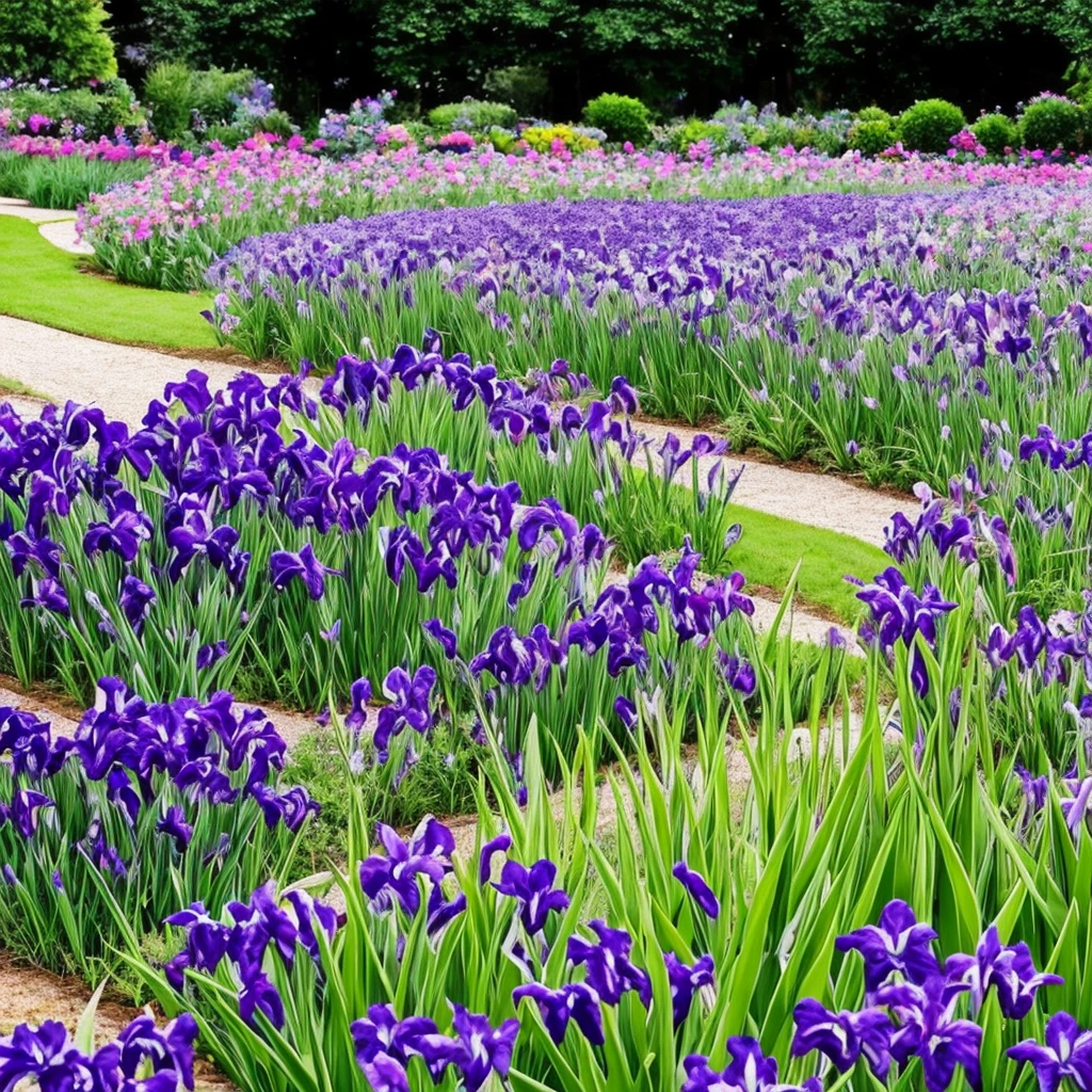 purple flowers line the edge of a garden with green grass, beautiful border, irises, encompass violet irises, soulful irises, wide irises, iris, cube shaped irises, violet and black, their irises are red, indigo blooming flowers garden, incredibly beautiful, rich contrast, focus on iris, good contrast, no irises, purple and black