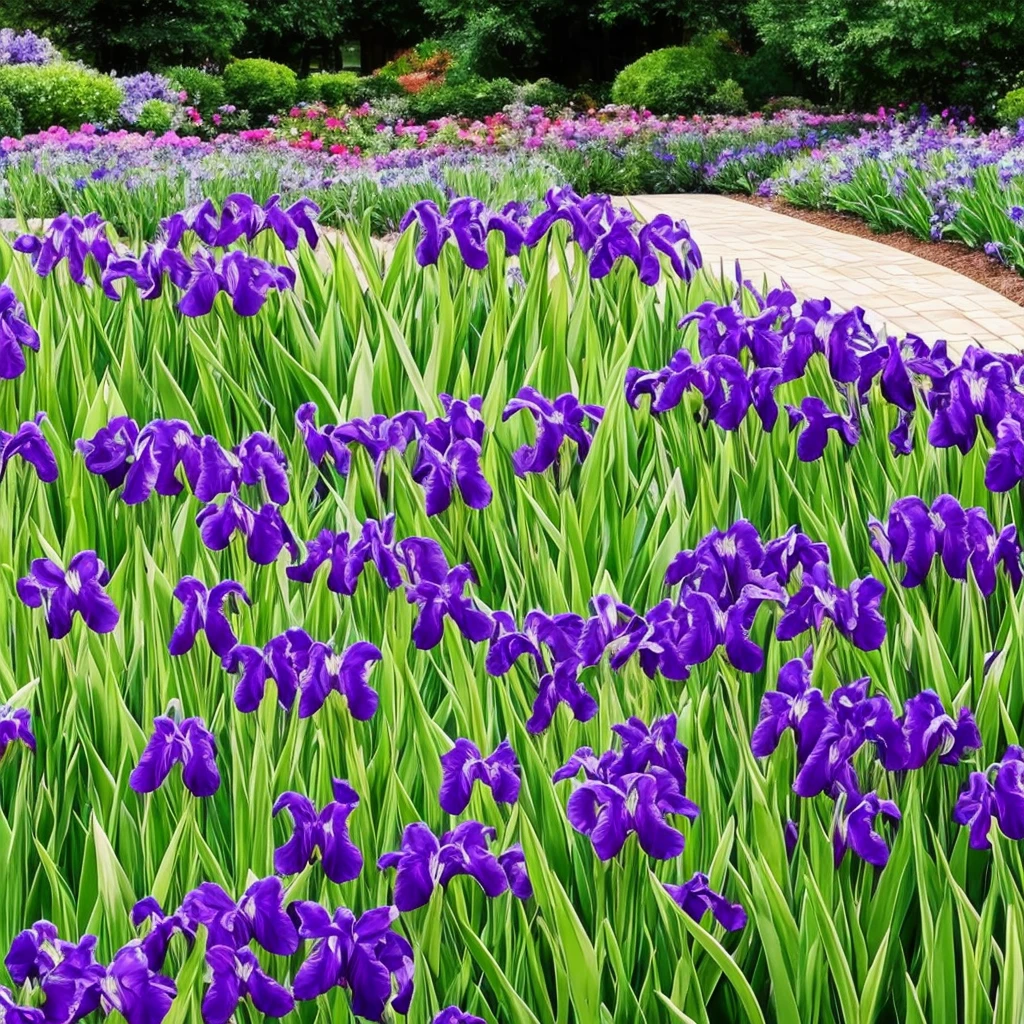 purple flowers line the edge of a garden with green grass, beautiful border, irises, encompass violet irises, soulful irises, wide irises, iris, cube shaped irises, violet and black, their irises are red, indigo blooming flowers garden, incredibly beautiful, rich contrast, focus on iris, good contrast, no irises, purple and black