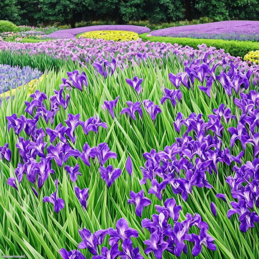 purple flowers line the edge of a garden with green grass, a pastel by Bernard D’Andrea, flickr, fine art, beautiful border, irises, encompass violet irises, soulful irises, wide irises, iris, cube shaped irises, violet and black, their irises are red, indigo blooming flowers garden, incredibly beautiful, rich contrast