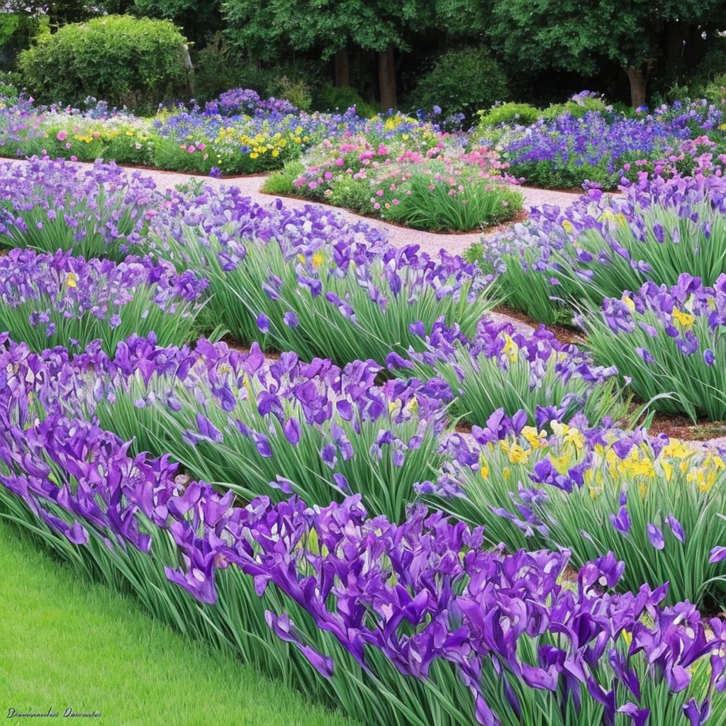 purple flowers line the edge of a garden with green grass, a pastel by Bernard D’Andrea, flickr, fine art, beautiful border, irises, encompass violet irises, soulful irises, wide irises, iris, cube shaped irises, violet and black, their irises are red, indigo blooming flowers garden, incredibly beautiful, rich contrast