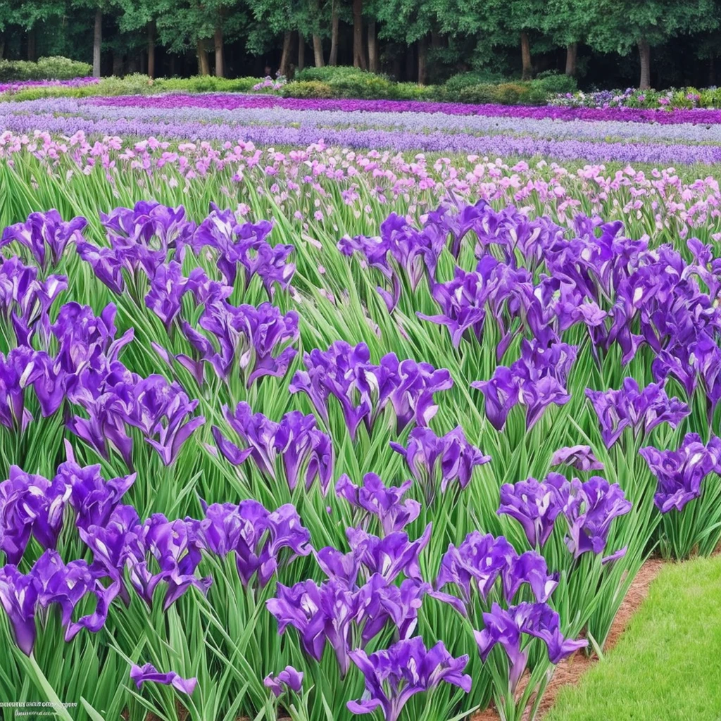purple flowers line the edge of a garden with green grass, a pastel by Bernard D’Andrea, flickr, fine art, beautiful border, irises, encompass violet irises, soulful irises, wide irises, iris, cube shaped irises, violet and black, their irises are red, indigo blooming flowers garden, incredibly beautiful, rich contrast