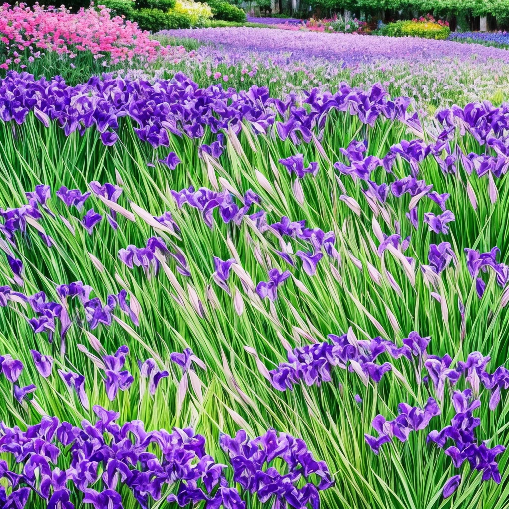 purple flowers line the edge of a garden with green grass, a pastel by Bernard D’Andrea, flickr, fine art, beautiful border, irises, encompass violet irises, soulful irises, wide irises, iris, cube shaped irises, violet and black, their irises are red, indigo blooming flowers garden, incredibly beautiful, rich contrast