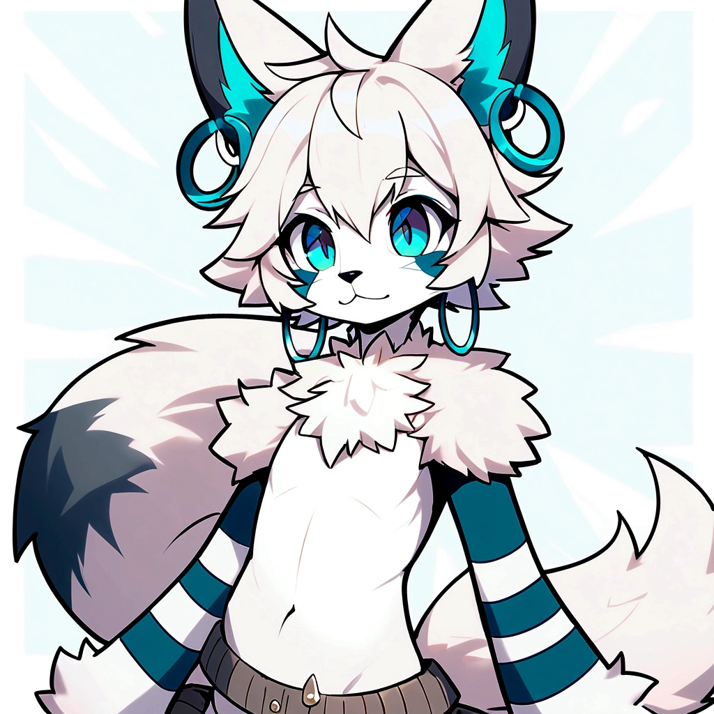 A fluffy white male anthropomorphic fennec fox furry boy with long droopy ears and teal hoop earrings posing naked with his penis