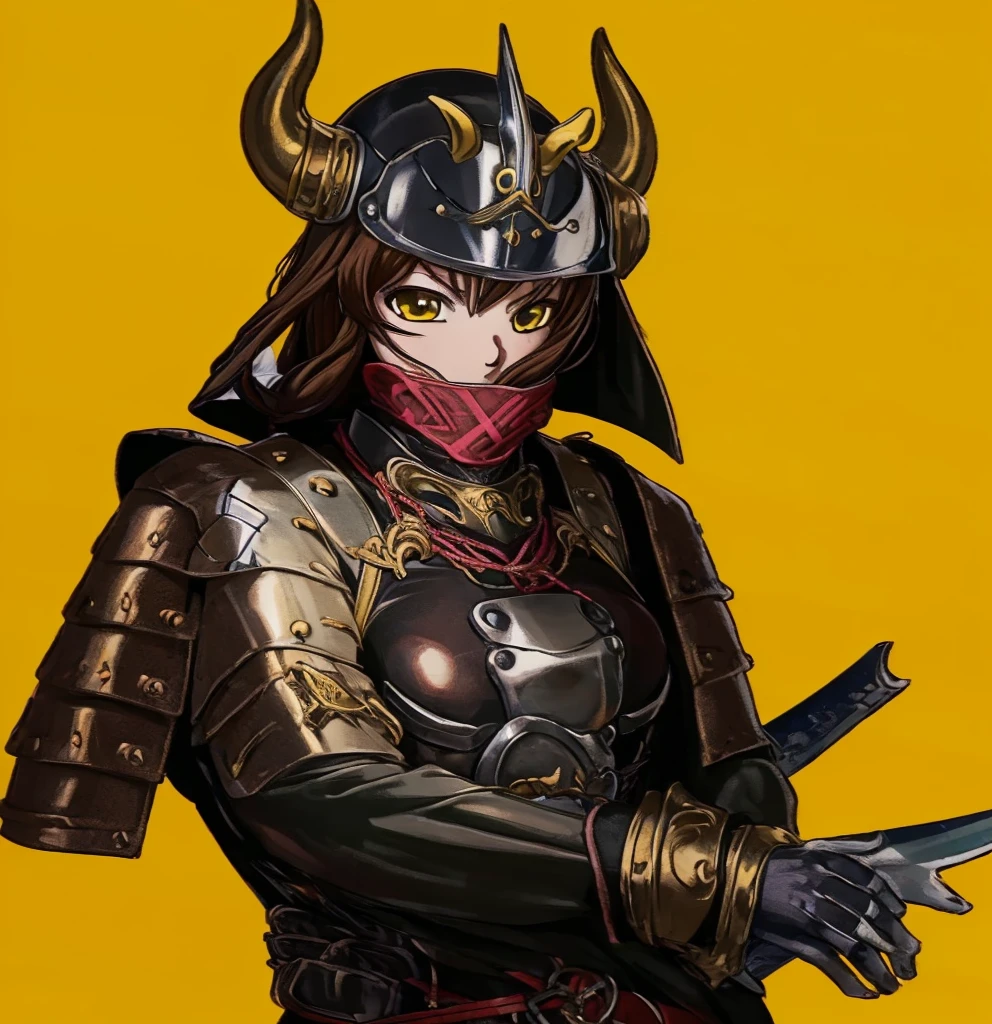 (1girl:1.3), (exceptional, best aesthetic, new, newest, best quality, anime, waifu:1.2), master piece, best quality, ultra detailed, absurdres, highres, colored, good anatomy, brown hair, woman breast, sexy, Japanese armor, steel helmet, horns on helmet, trident insignia on helmet,