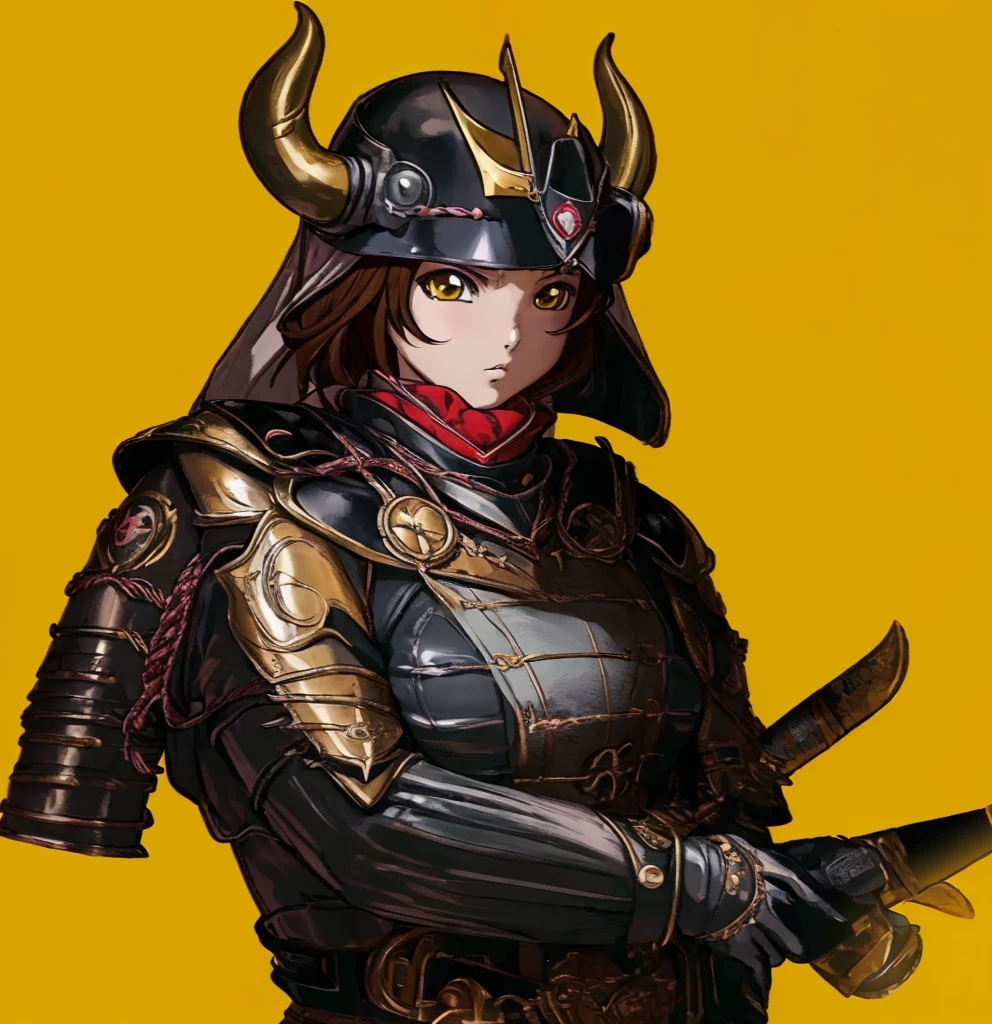 (1girl:1.3), (exceptional, best aesthetic, new, newest, best quality, anime, waifu:1.2), master piece, best quality, ultra detailed, absurdres, highres, colored, good anatomy, brown hair, woman breast, sexy, Japanese armor, steel helmet, horns on helmet, trident insignia on helmet,