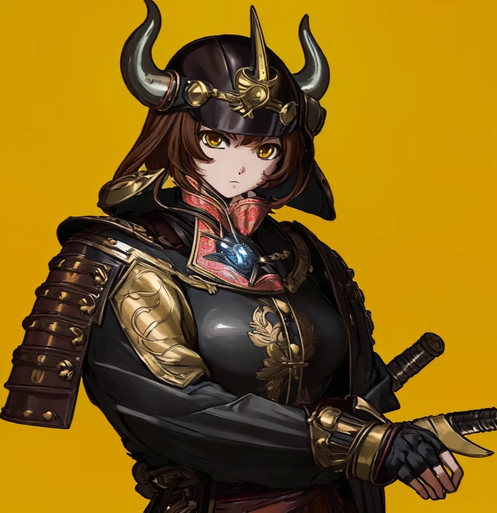 (1girl:1.3), (exceptional, best aesthetic, new, newest, best quality, anime, waifu:1.2), master piece, best quality, ultra detailed, absurdres, highres, colored, good anatomy, brown hair, woman breast, sexy, Japanese armor, steel helmet, horns on helmet, trident insignia on helmet,