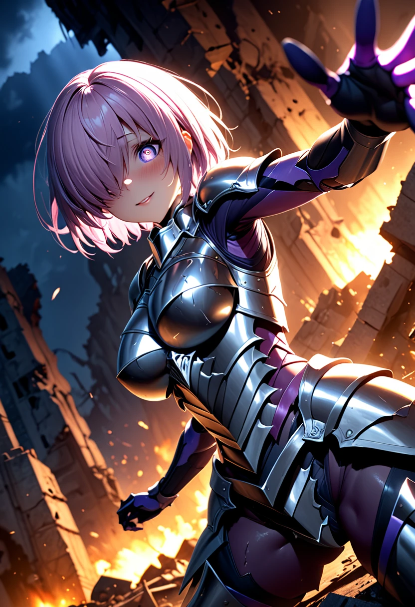 (masterpiece, top quality, best quality, beautiful and aesthetic:1.2), full body, SFW, extremely detailed, detailed face and eyes, cinematic light, depth of field, 1girl, seducing smile, solo, official, (full armored knight:1.4), dark armor, mash kyrielight, light purple hair, short hair, hair over one eye, slim body, cinematic lighting, dramatic lighting, dramatic atmosphere, hyper-realistic, high resolution, stunning contrast, high quality, best quality, 8k, 4k, intricately detailed, (amazing details:1.2), highly detailed skin, powerful presence, vibrant colors, (detailed eyes:1.2), striking eyes, (detailed background), (warzone on background, night, ruins), (dynamic angle:1.2), (dynamic pose:1.2)