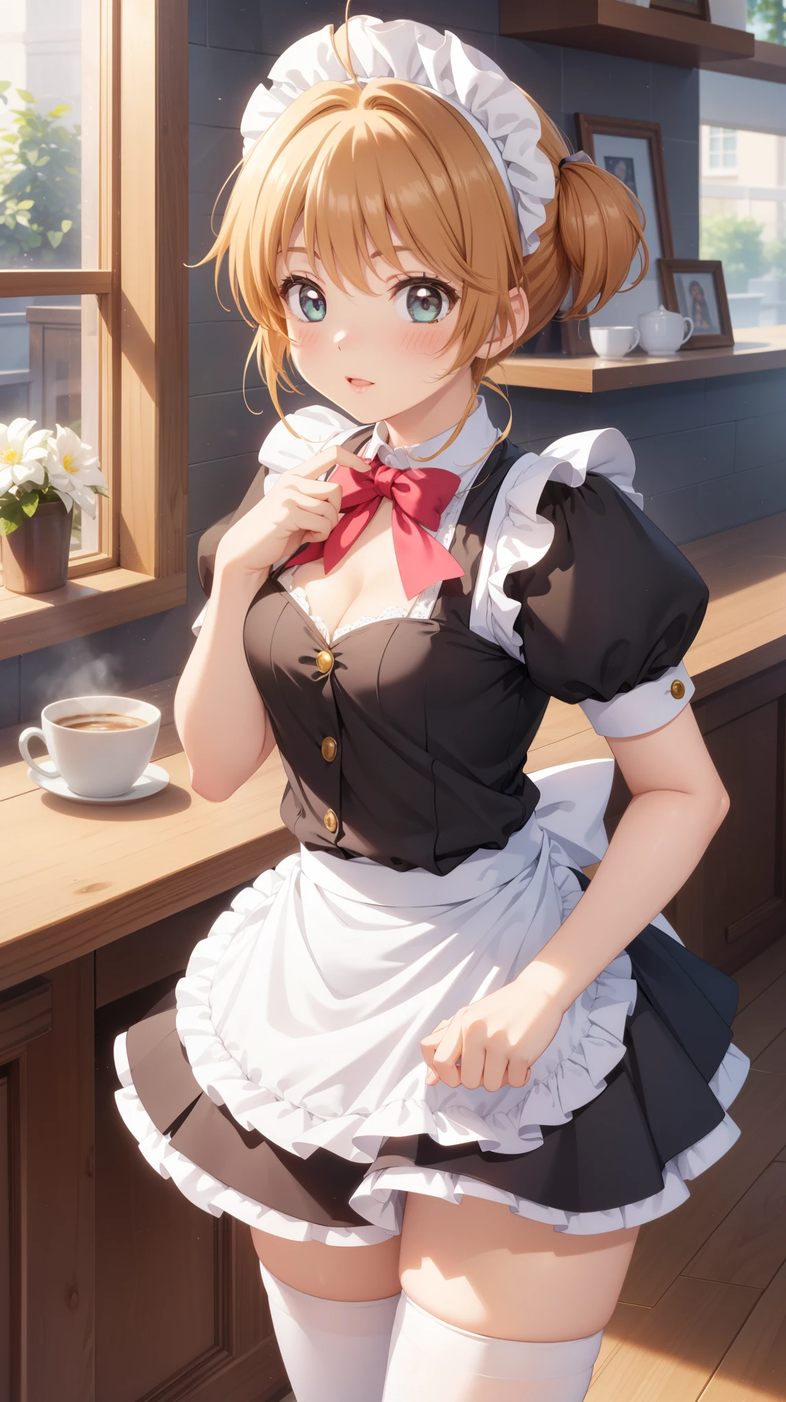 masterpiece, best quality, highres, 1girl, detailed face, blush, anime CG style, (medium breasts), (18 year old girl:1.3), (aged up), good lighting, perfect body, sakura kinomoto, glossy lips, cleavage, (curvy), cafe, maid, short puffy sleeves, small maid apron, thigh highs