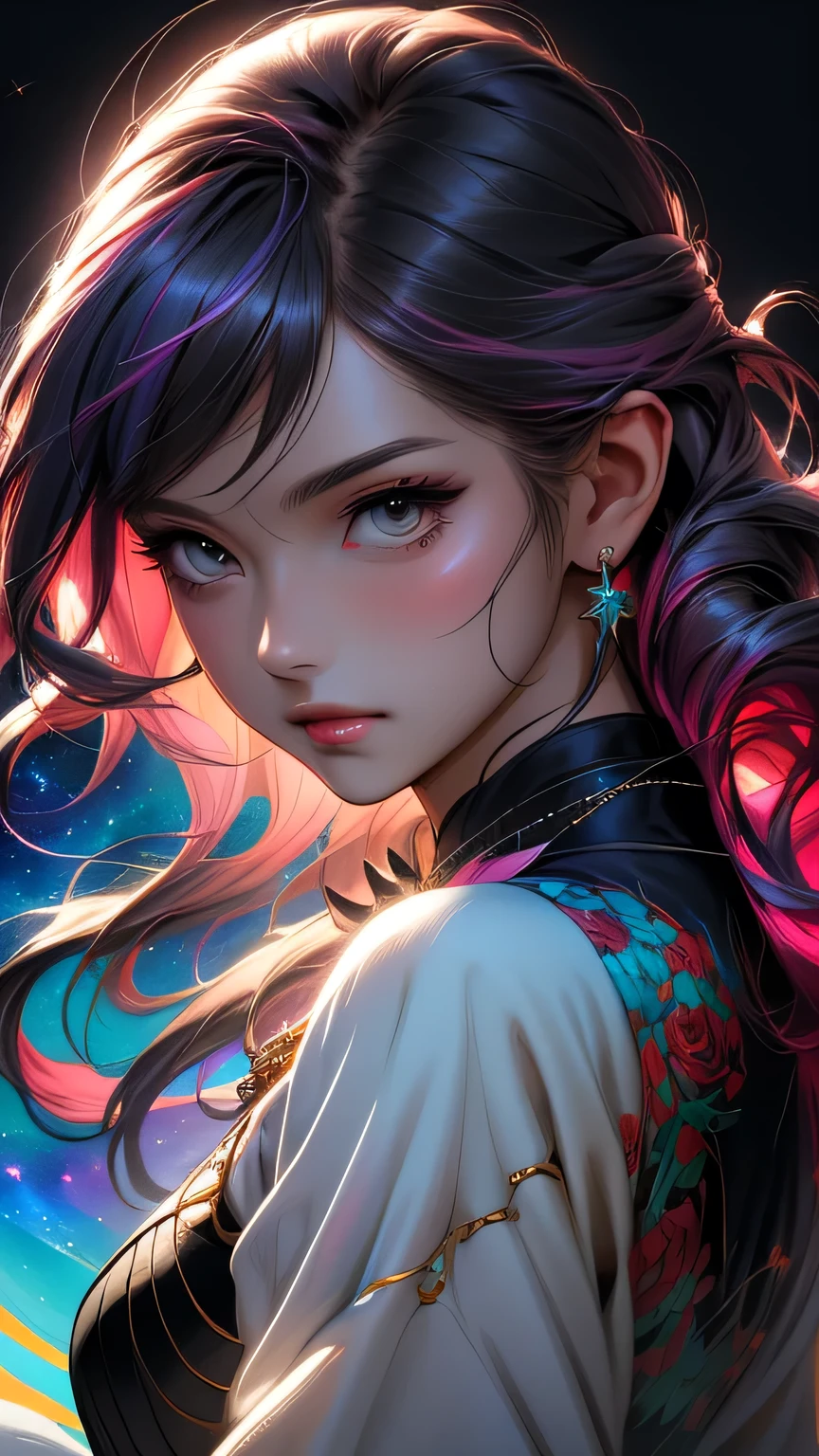 Close-up of a woman with colorful hair and necklace, Anime girl with space-like hair, The gentle vitality of rose roses, Gubes-style artwork, Fantasy art style, colorful], Vivid fantasy style, Ross draws vibrant cartoons, cosmic and colorful, Gwaiz, colorful digital fantasy art, Great art style, Beautiful anime style, Full body lighting, Skin Brightness, Sexy look, (Dynamic pose)､ masterpiece, 最high quality, high quality, High resolution､((Upper body portrait))､Upper body portrait､