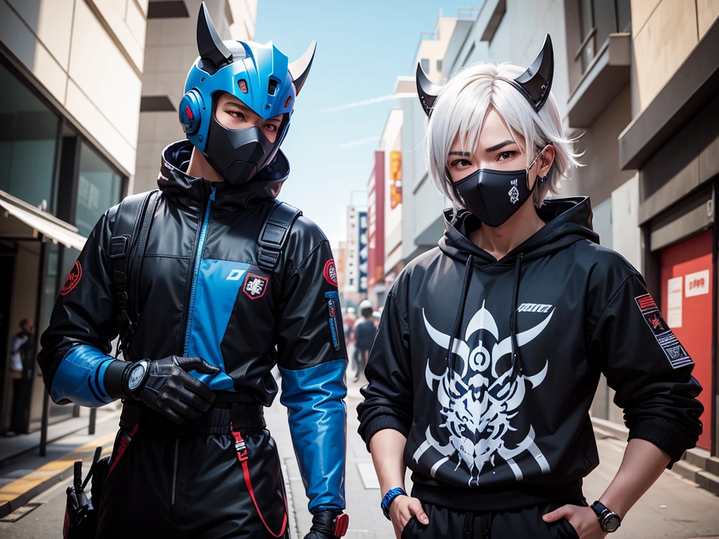 illustraction of techwear, faceless chibi blue dragon ninja robot, mecha future, oni mask,white sticker outline, JAPANESE VIBE detailed design for streetwaer and urban style t-shirts design, full view body, blank all black background