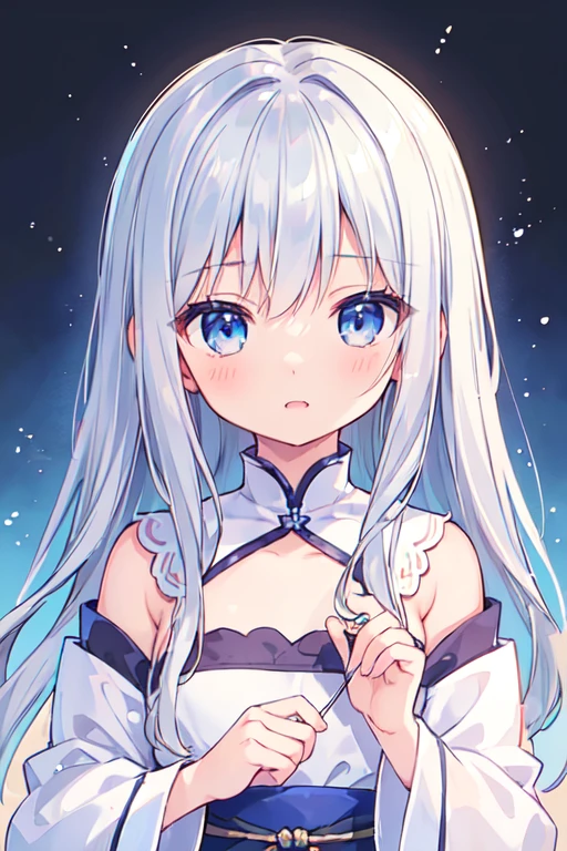 (best quality, masterpiece:1.2), ultra detailed, extremely detailed eyes and face, natural skin texture, detailed skin, natural lighting,
 chibi, 1 girl, -yeld, (c), silver hair, middle hair, straight hair, shiny hair, blue eyes, flat chest,
 (wearing ao dai), fang, mesugaki face,
 upper body,