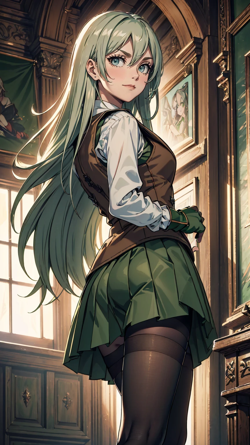 最high quality、Ultra High Definition, Ultra High Quality, Hyper Definition, Hyper Quality, Hyper Detailed, Extremely Detailed, Perfectly Detailed, Best image quality、masterpiece、woman((20-year-old、Looking Back Over Shoulder, super dynamic pose , legs bent at the knees, Green solid eyes, Silver long Hair、Disheveled Hair、Long White Hair、thin,Fingerless Glove、Green Skirt, Tights, Smirk、Brown School Vest , Dressed in school)),high quality、Beautiful art、background((Inside the mansion))、Written boundary depth、 movie、Visual Arts、Perfect art、8K,Genuine、