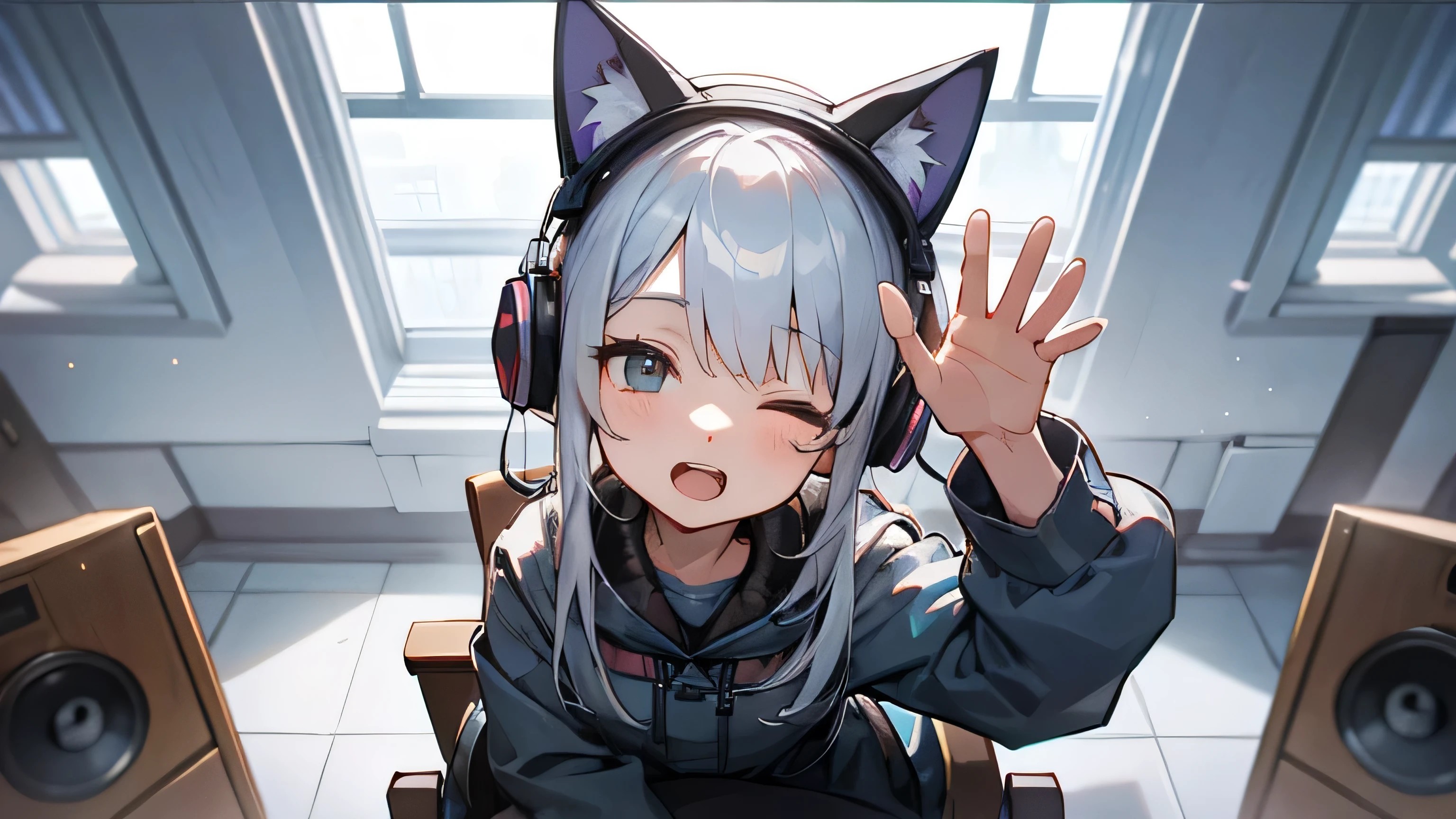 Room with speakers、Cat with headphones、Face close-up、noon、Silver Hair、Looking up with open mouth、Sitting in a chair、One eye closed、Waving one hand