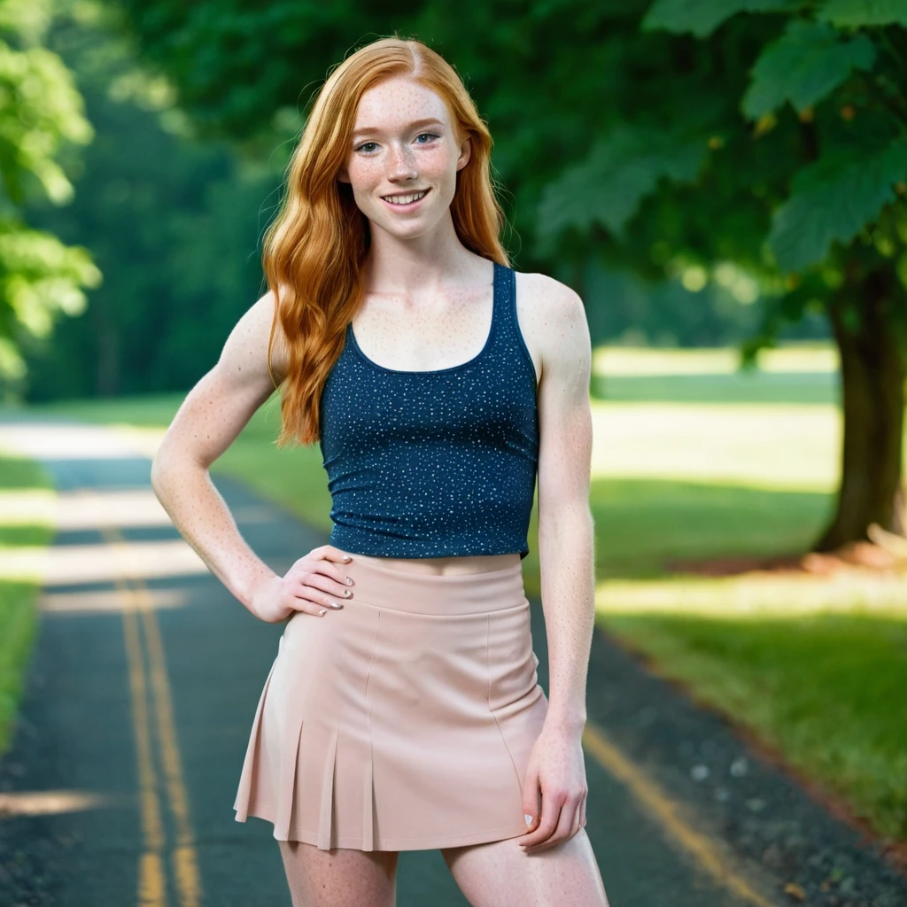 Stacey, A tall, young woman, 22 years old,  with long shoulders, athletic, lanky female, a strong build and long, freckles, strawberry blonde hair, freckles. Her skin is pale, toned arms,  and a muscular midsection. long legs, She has small breasts, well defined chest, and soft thighs, bodycon,skirt, Tank top , arms raised 