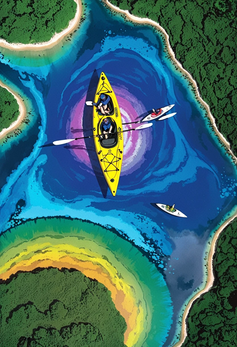 a kayak in the water, in the style of optical color mixing, aerial view, rainbowcore, national geographic photo, 8k resolution, crayon art, interactive artwork