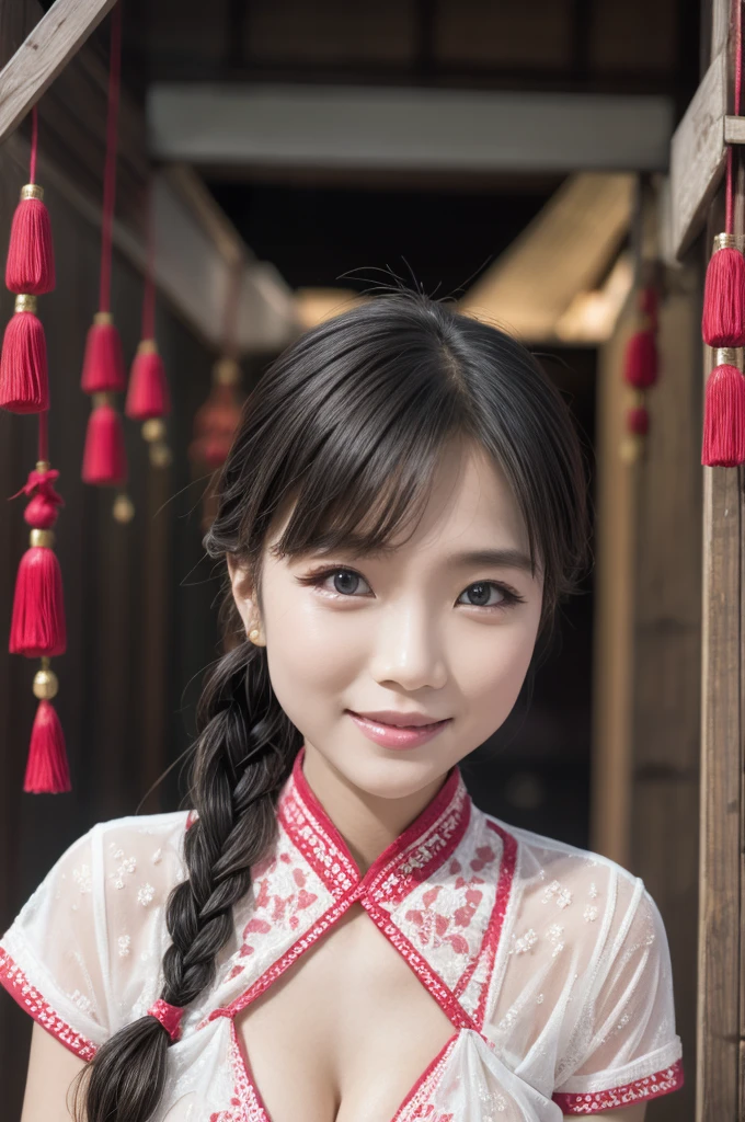 Eyes are very fragile，Double braids with cheongsam，Chinese New Year Decorations（（Smiling artwork）））， （（best quality））， （（Intricate details））， （（Surreal））（8K）