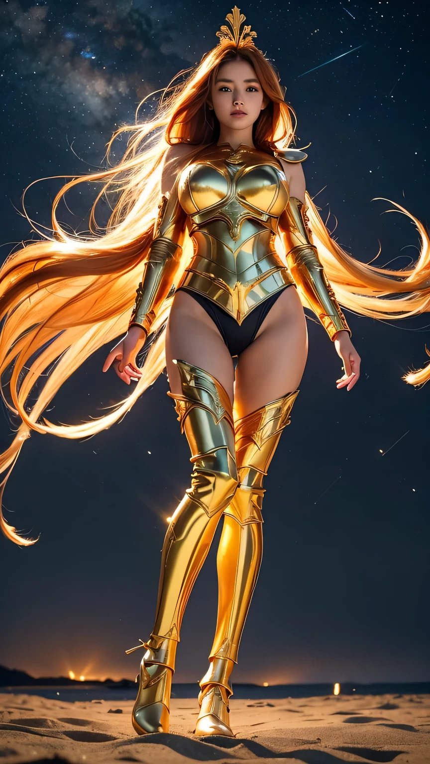 ((best quality)), ((masterpiece)), (ultra detailed lights), ((full body shot)), ((skinny body)), indonesian girl, extremely beautiful, ((slim body)), thighs gap, ultra face details, 20 years old, ((orange curvy-hair)), ((hair blown by strong winds :1.3)), Award-winning photograph, ((symmetrical pose)), Indonesian goddess in ((full body golden black armor)) are in the middle of battlefield, posing in the middle, intricate details, ((thight golden armour)), ((extremely details armor)), ((tight latex panties)), ((24k-gold armor)), ((edge luminous armor)), cameltoe, luminescent, epic lights reflections, she is posing with ((Athena's golden bow)), at beach, full of stars, orange clouds, nebula sky, epic aurora borealis in the background, shooting stars, ((from below))