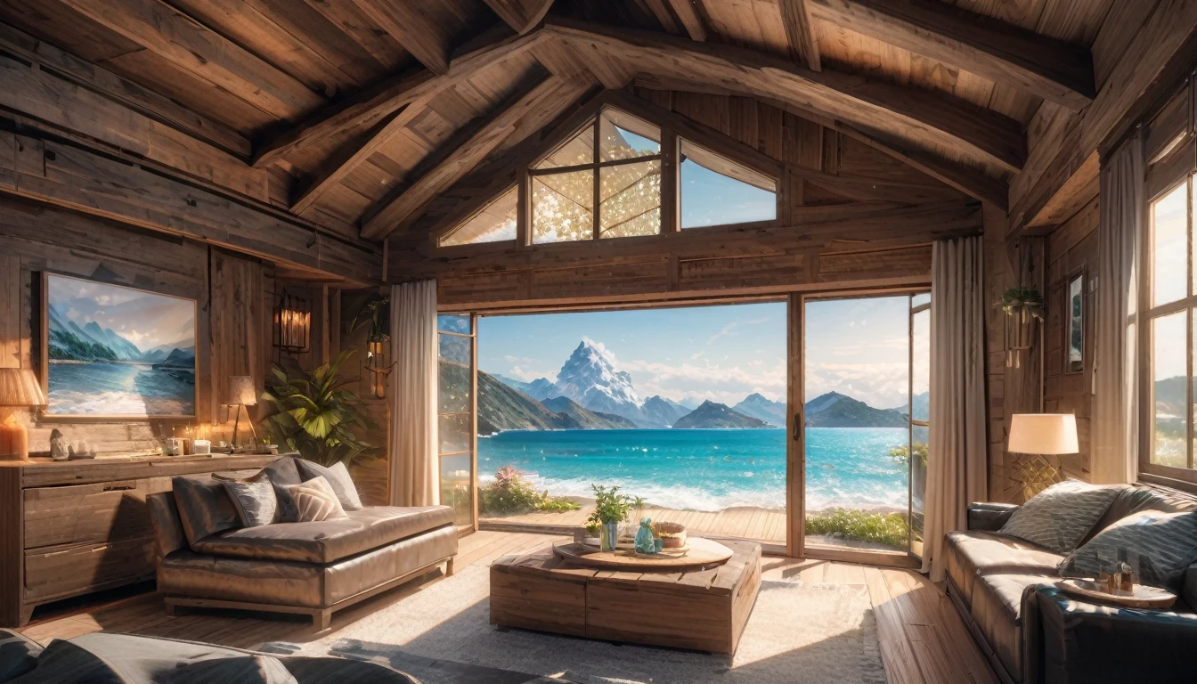 Holiday Homes, Big windows and beautiful views,Wooden lodge,Inside the room,Blur the background,Pleasant sea breeze,Glitter effect,Highest quality, 8K, High resolution, masterpiece:1.2, Very detailed, Realistic:1.37, High resolution, 超High resolution, Ultra-fine painting, Very detailed, Professional, Vibrant colors