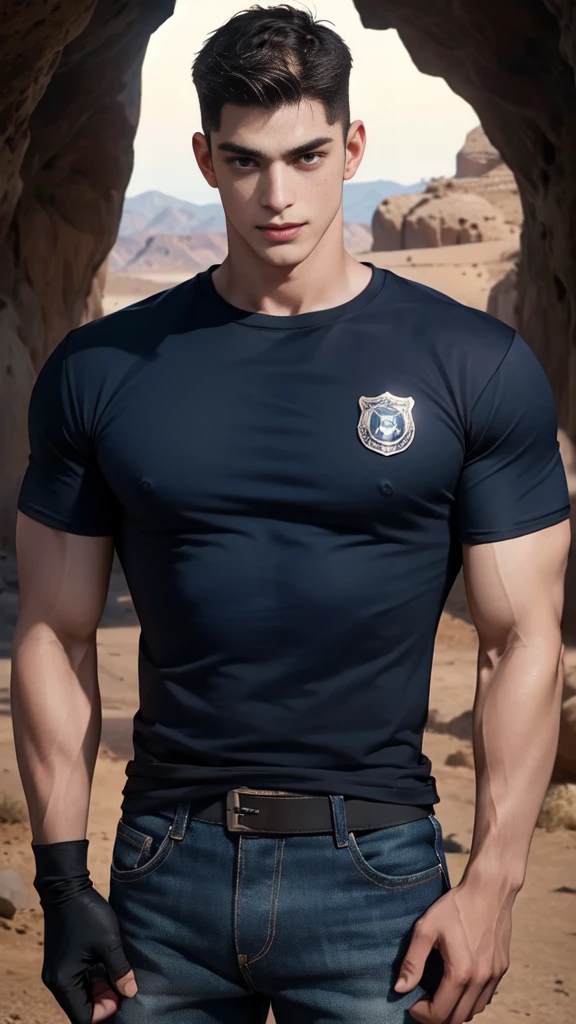 ,1 man,(crew cut short hair:1.3),black eye,(Wear a fitted round neck t-shirt in navy with a police badge.:1.3),(fit neck),Navy blue jeans,(black_gloves),Korean guy,chest muscles,large arm muscles,blood vessel,Big muscles,Broad shoulders,smile,open mouth,middle of the road,(In the desert:1.2),(full_shot:1.6),(In the cave:1.2),mole under mouth,hands_on_hips