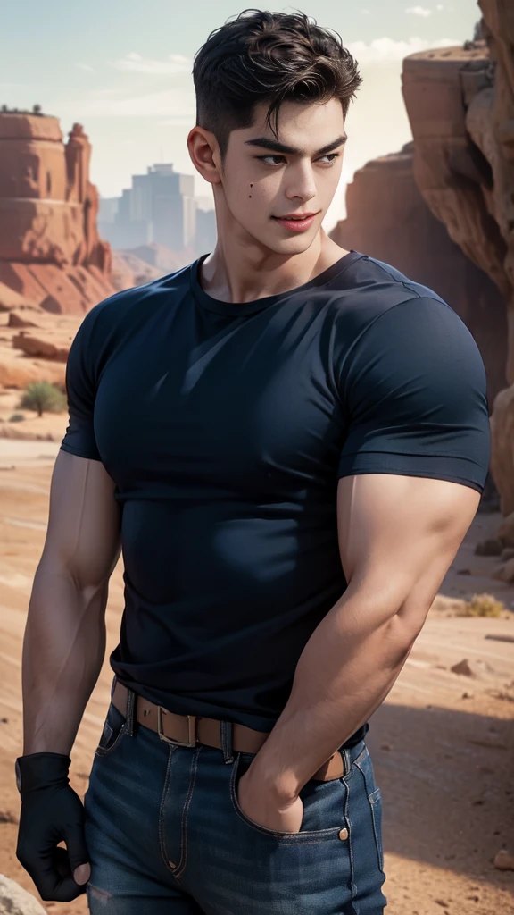 ,1 man,(crew cut short hair:1.3),black eye,(Wear a fitted round neck t-shirt in navy with a police badge.:1.3),(fit neck),Navy blue jeans,(black_gloves),Korean guy,chest muscles,large arm muscles,blood vessel,Big muscles,Broad shoulders,smile,open mouth,middle of the road,(In the desert:1.2),(full_shot:1.6),(In the cave:1.2),mole under mouth,hands_on_hips