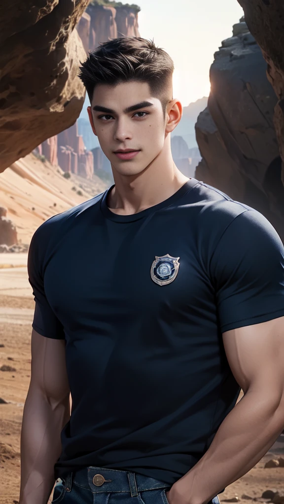 ,1 man,(crew cut short hair:1.3),black eye,(Wear a fitted round neck t-shirt in navy with a police badge.:1.3),(fit neck),Navy blue jeans,(black_gloves),Korean guy,chest muscles,large arm muscles,blood vessel,Big muscles,Broad shoulders,smile,open mouth,middle of the road,(In the desert:1.2),(full_shot:1.6),(In the cave:1.2),mole under mouth,hands_on_hips