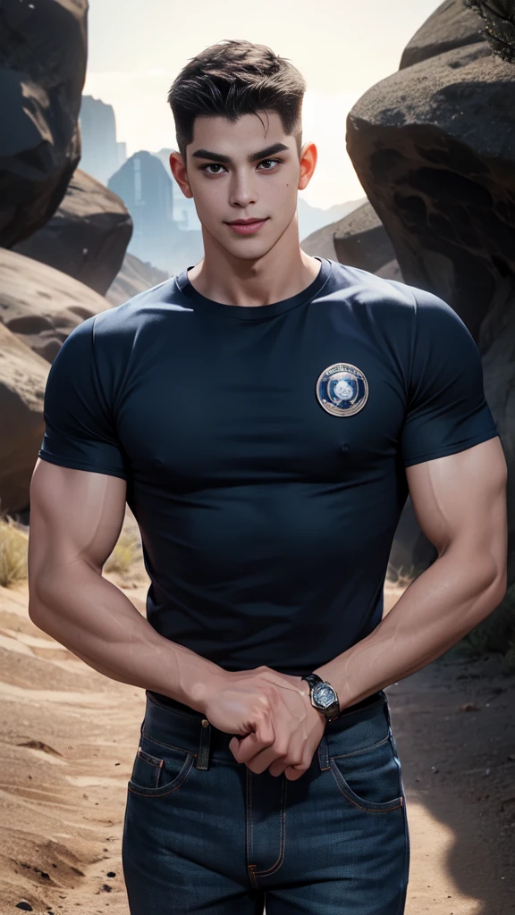,1 man,(crew cut short hair:1.3),black eye,(Wear a fitted round neck t-shirt in navy with a police badge.:1.3),(fit neck),Navy blue jeans,(black_gloves),Korean guy,chest muscles,large arm muscles,blood vessel,Big muscles,Broad shoulders,smile,open mouth,middle of the road,(In the desert:1.2),(full_shot:1.6),(In the cave:1.2),mole under mouth,hands_on_hips