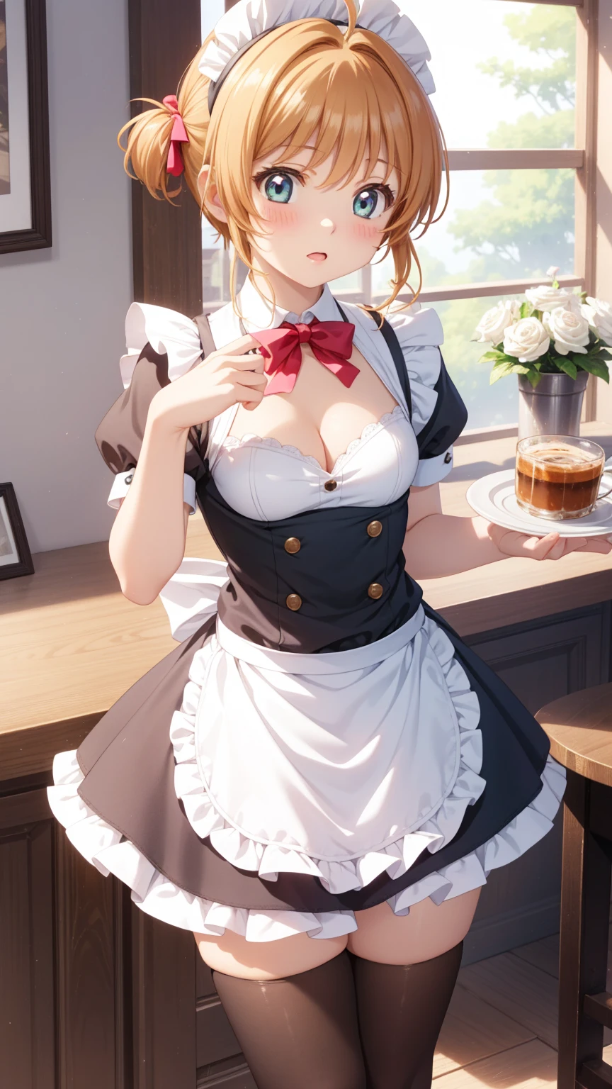 masterpiece, best quality, highres, 1girl, detailed face, blush, anime CG style, (medium breasts), (18 year old girl:1.3), (aged up), good lighting, perfect body, sakura kinomoto, glossy lips, cleavage, (curvy), cafe, maid, short puffy sleeves, small maid apron, thigh highs