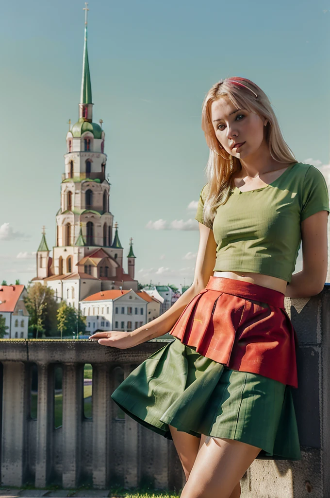 Lituania, pretty women blonde, ((In Vilnius City)), (((the Vilnius cathedrale tower))), (((wear a green top)), (((wear a red skirt)))