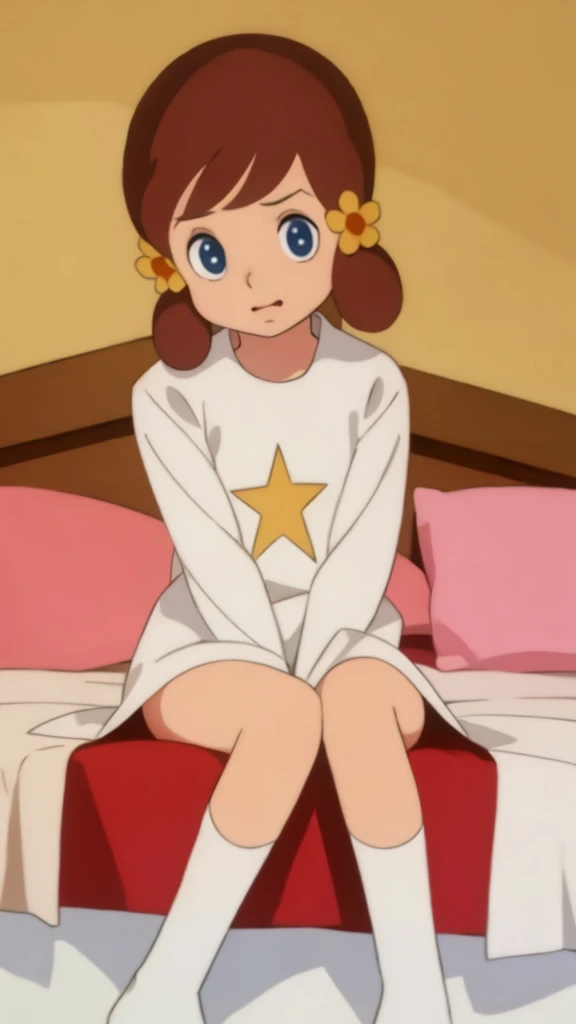 masterpiece, best quality, solo, 1girl, 
 chappy,、Sit on the bed、Spread your legs、Knees up、With legs spread、Completely naked、All Nude、Very embarrassed look、手を後ろに回す、服は着ていない、大きく股を広げる、
