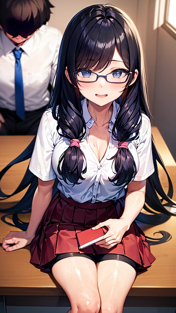 I want a picture of a sexy bully student in a high school classroom. she wears a short skirt, a tight blouse and has a mischievous smile. He has long and loose hair. She is leaning towards a nerdy boy, holding his notebook. The boy, with big glasses and scared look, he is sitting at his messy desk