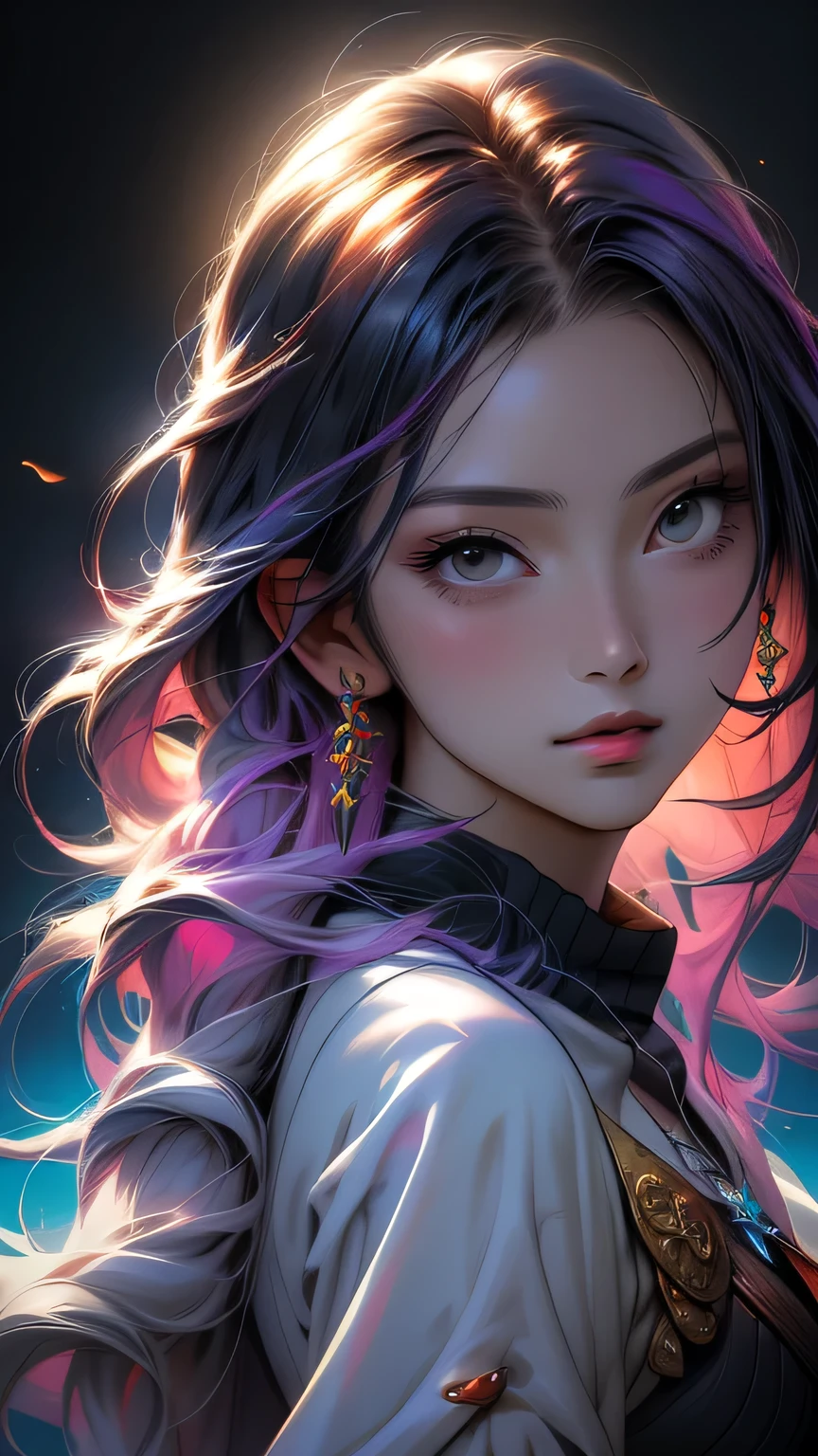 Close-up of a woman with colorful hair and necklace, Anime girl with space-like hair, The gentle vitality of rose roses, Gubes-style artwork, Fantasy art style, colorful], Vivid fantasy style, Ross draws vibrant cartoons, cosmic and colorful, Gwaiz, colorful digital fantasy art, Great art style, Beautiful anime style, Full body lighting, Skin Brightness, Sexy look, (Dynamic pose)､ masterpiece, 最high quality, high quality, High resolution､((Upper body portrait))､Upper body portrait､