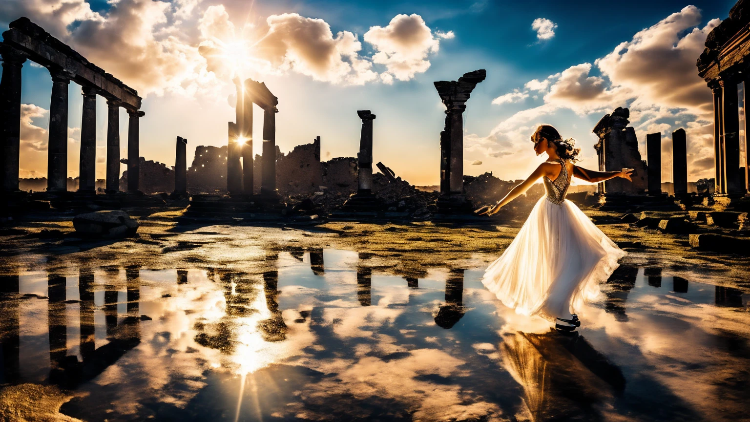 ((Full Shot)) Angelic beauty, fantastic and mysterious light. Dancing on ice, the background is the ruins of tens of thousands of years ago,