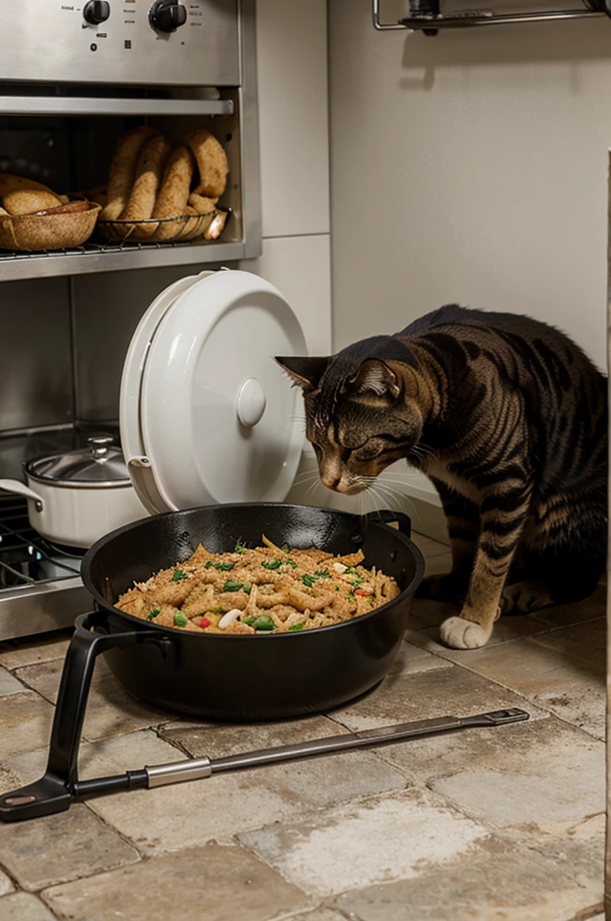 the cat is cooking its food in a frying pan
