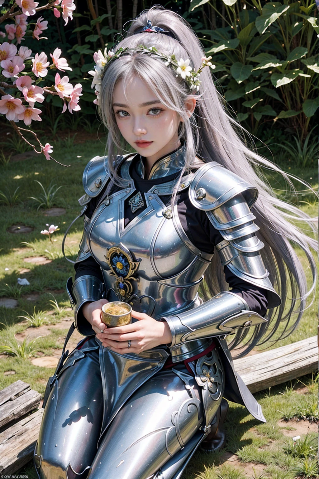 A striking realistic photo of a beautiful Japanese warrior woman in vibrant silver armor and decorated with fresh flowers. The armor is a mix of metal and organic elements, with flower petals intertwined in the design. She creates a magnificent swirling sphere by hand, swirling with her magical abilities. Night scene, fantastical, mystical, forest, river, nature, majestic, a perfect balance of light and shadow. High quality, high resolution, 32k.