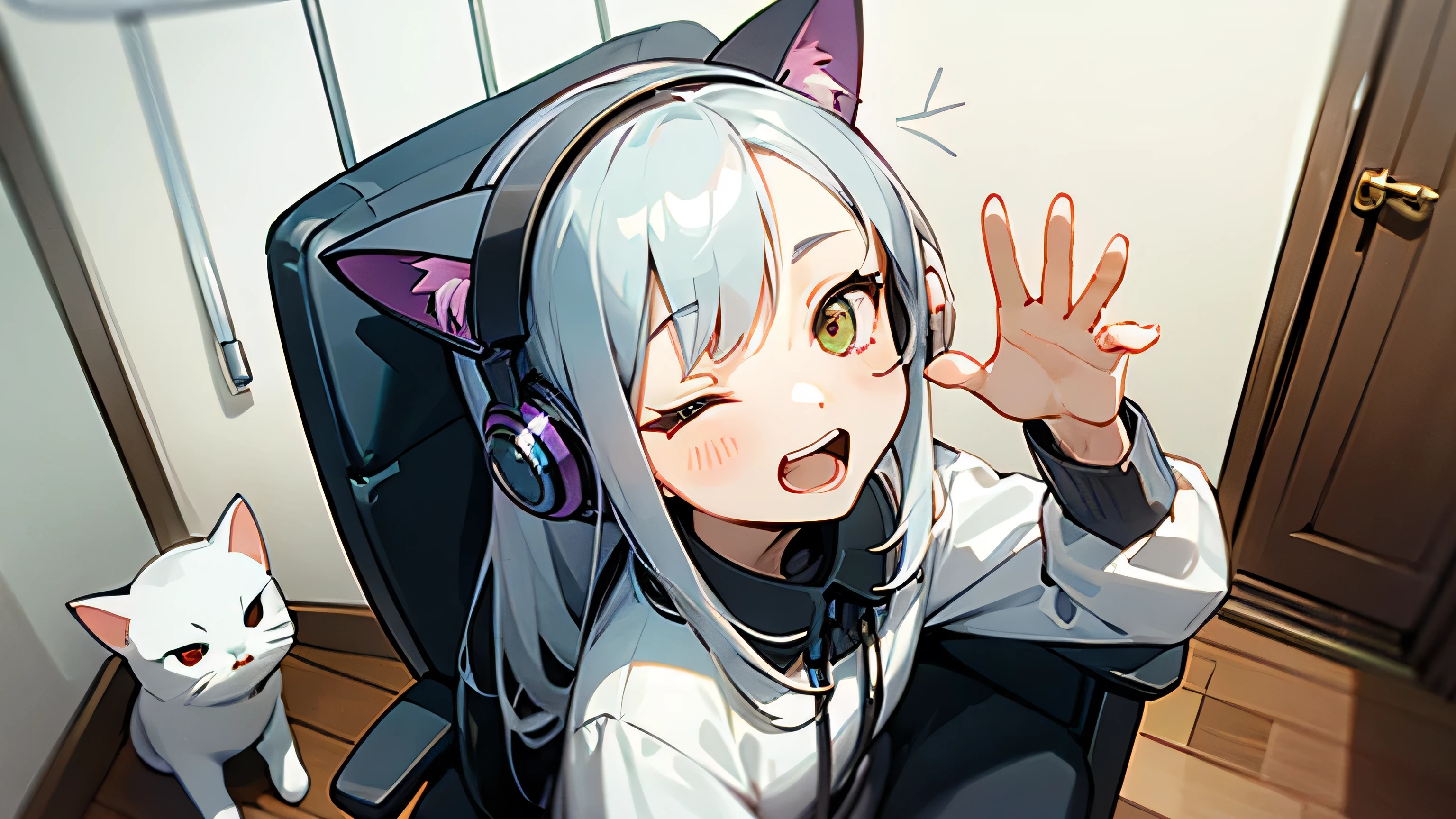 Room with speakers、Cat with headphones、Face close-up、noon、Silver Hair、Looking up with open mouth、Sitting in a chair、One eye closed、Waving one hand